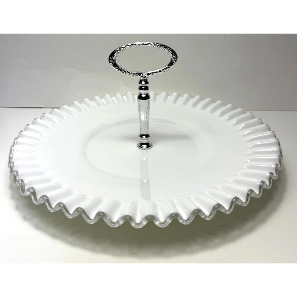 Vtg Fenton Ruffle White Milk Glass Tray Platter Dessert Plate 13" Clear Edge Han